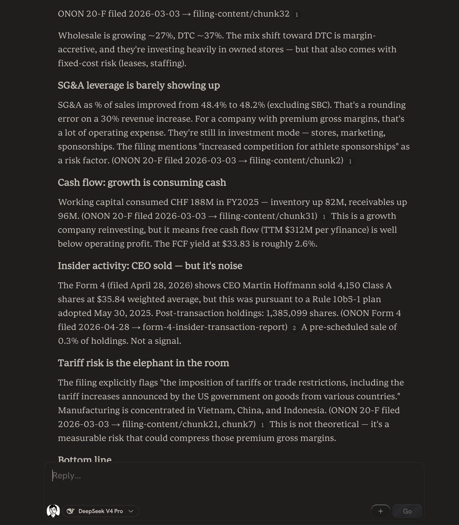 Zo chat reviewing On Holding (ONON). Each paragraph ends with a citation pointing back to a specific section of a specific filing: ONON 20-F filed 2026-03-03 → filing-content/chunk32, ONON 20-F filed 2026-03-03 → filing-content/chunk2, ONON Form 4 filed 2026-04-28 → form-4-insider-transaction-report. The AI separates quoted numbers from interpretation.