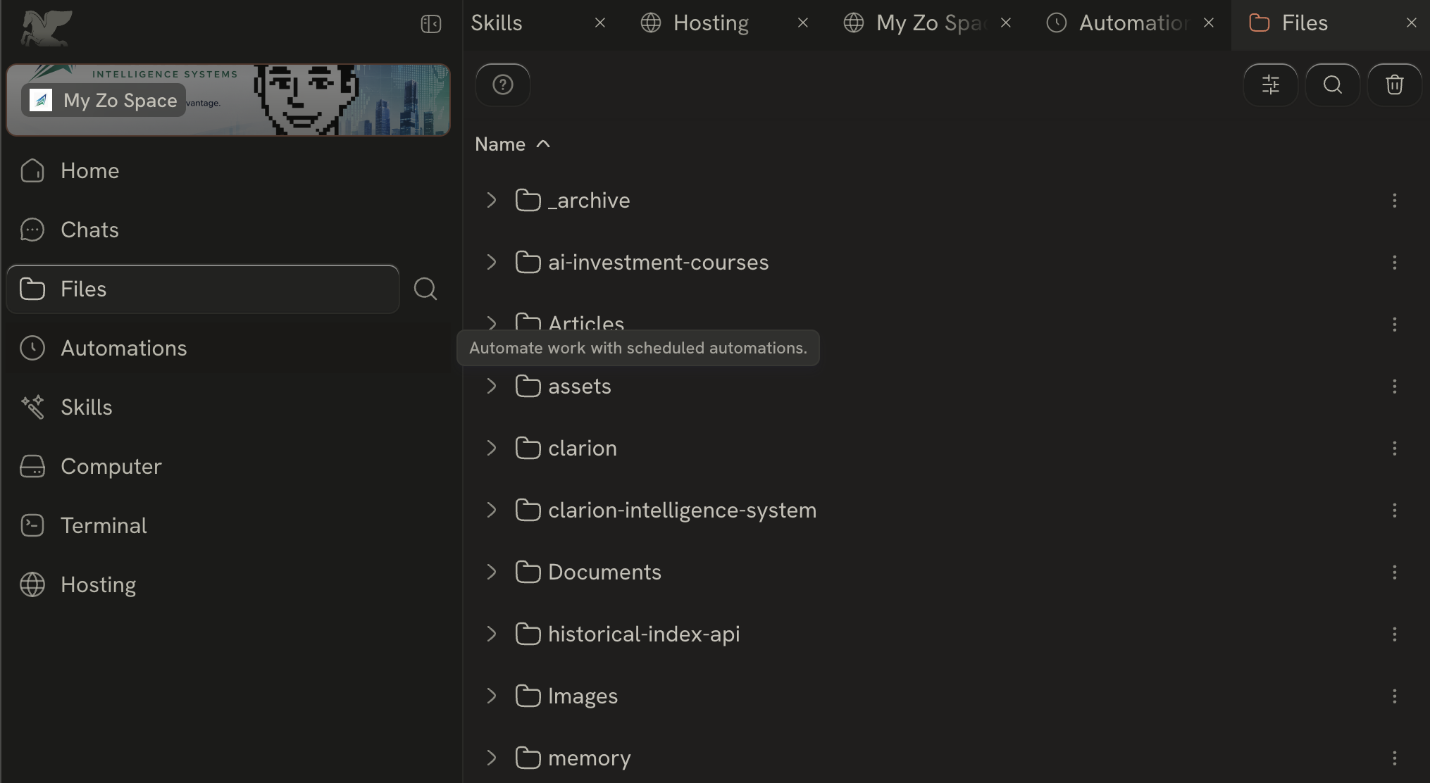 Zo app with the Files tab open. Left sidebar lists Home, Chats, Files, Automations, Skills, Computer, Terminal, Hosting. The Files panel shows workspace folders including clarion, clarion-intelligence-system, Documents, ai-investment-courses.